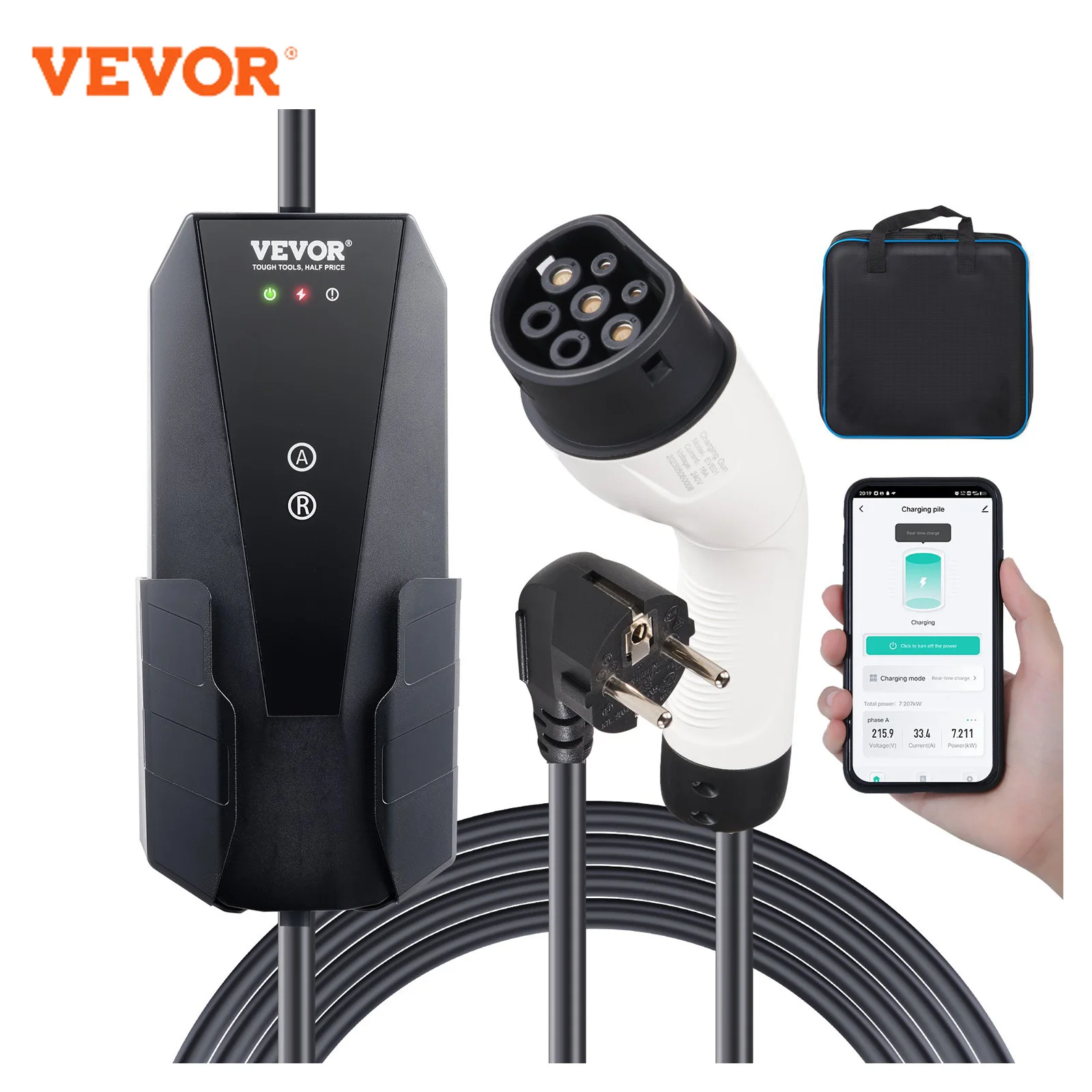 VEVOR Portable EV Charger Type 2 16A 3.7kW Electric Vehicle Car Charger with 28ft Charging Cable CEE 7/7 Plug Home EV Charging