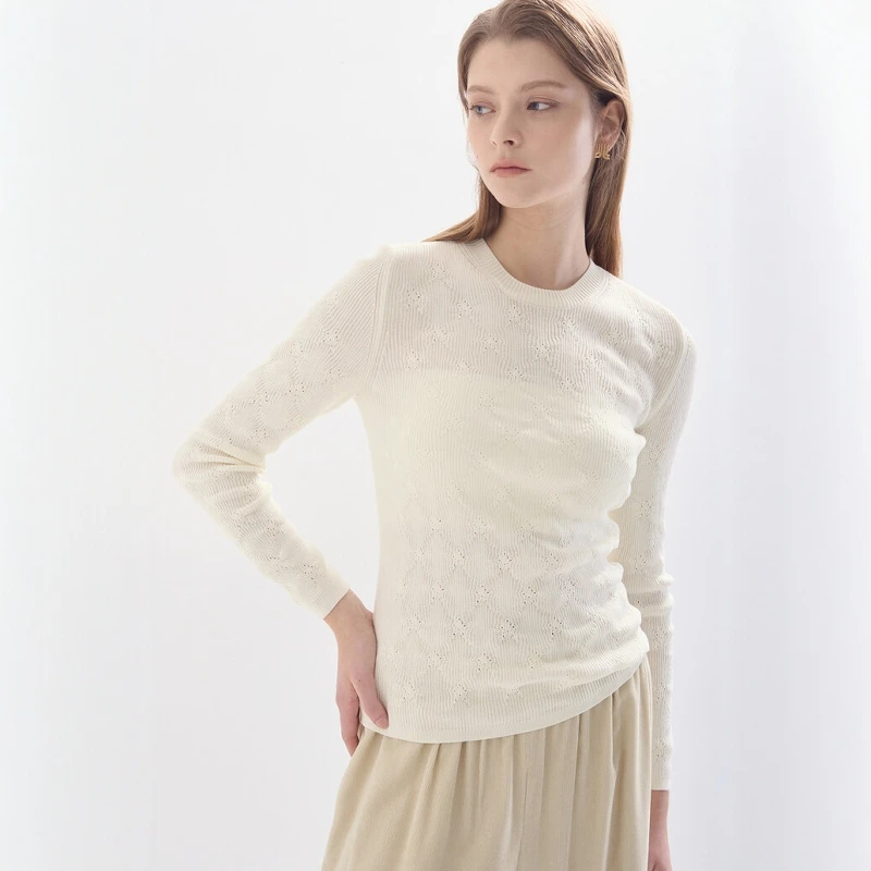

Ele Hollow out Knit Top Women's Slim Fit round Ne Long Sve Inner Wear Autumn Faion Soft Gentle Embroidery 639