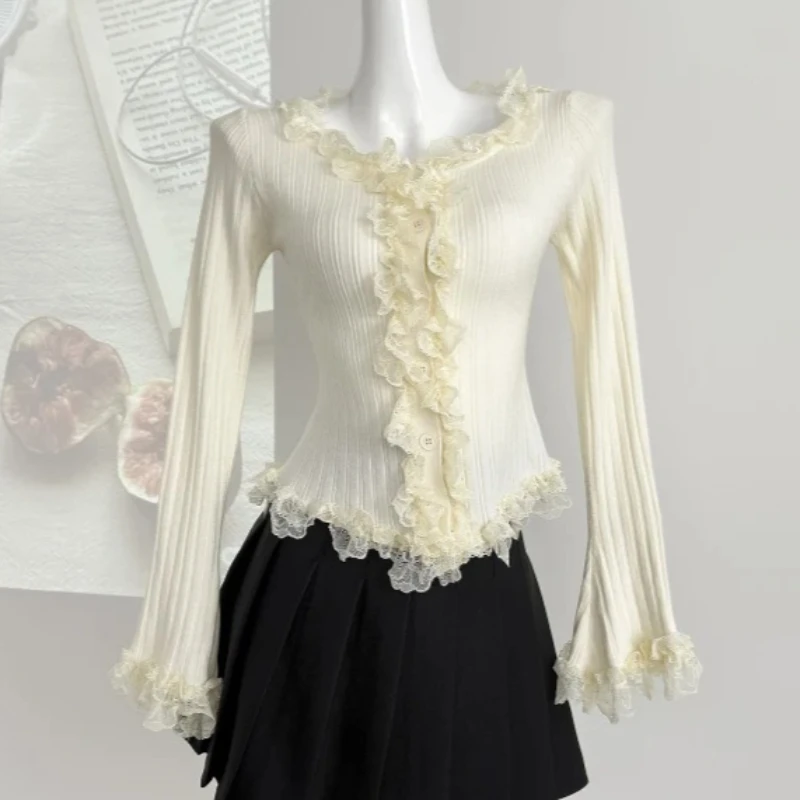 Suéter con volantes para mujer, manga larga, corte entallado, Top de punto acanalado, jersey para mujer, coqueta Fairycore Y2K Gyaru Shoujo, traje para niña