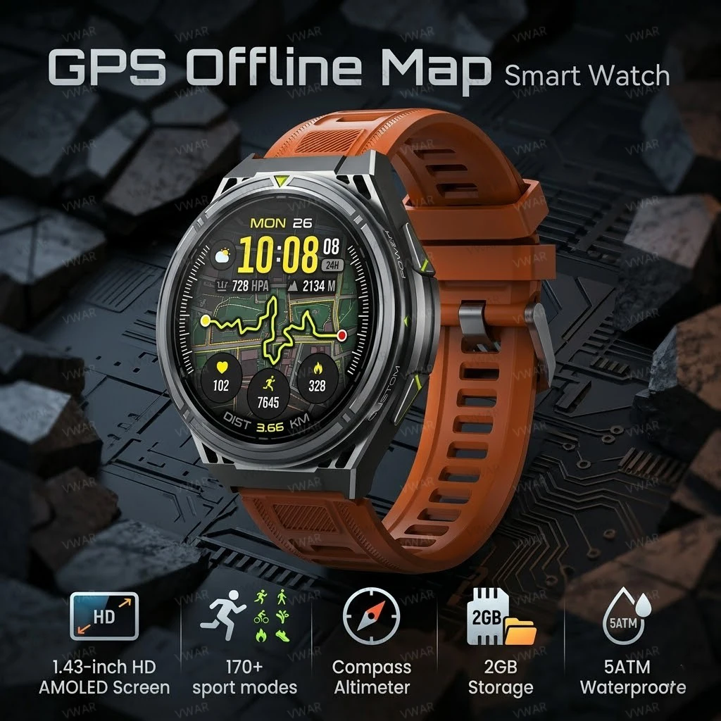 

VWAR T-Rex Ultra 2 Smart Watch for Men 6-Sat GPS Offline Maps/Music 10ATM Waterproof SpO2 Heart Rate Monitor Military Smartwatch