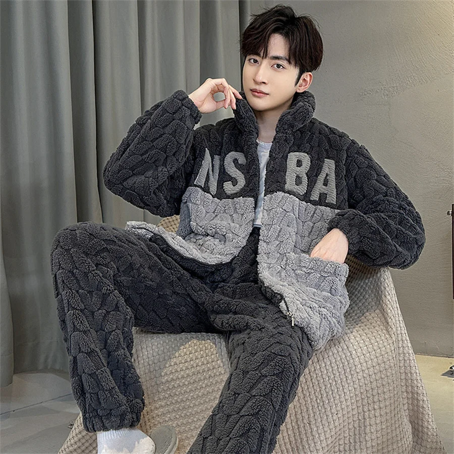 2024 New Winter Warm Pajama Sets Men Stand Collar Coral Fleece Coat + Long Pants Sleepwear for Sleeping Men\'s 2 Pieces Loungwear