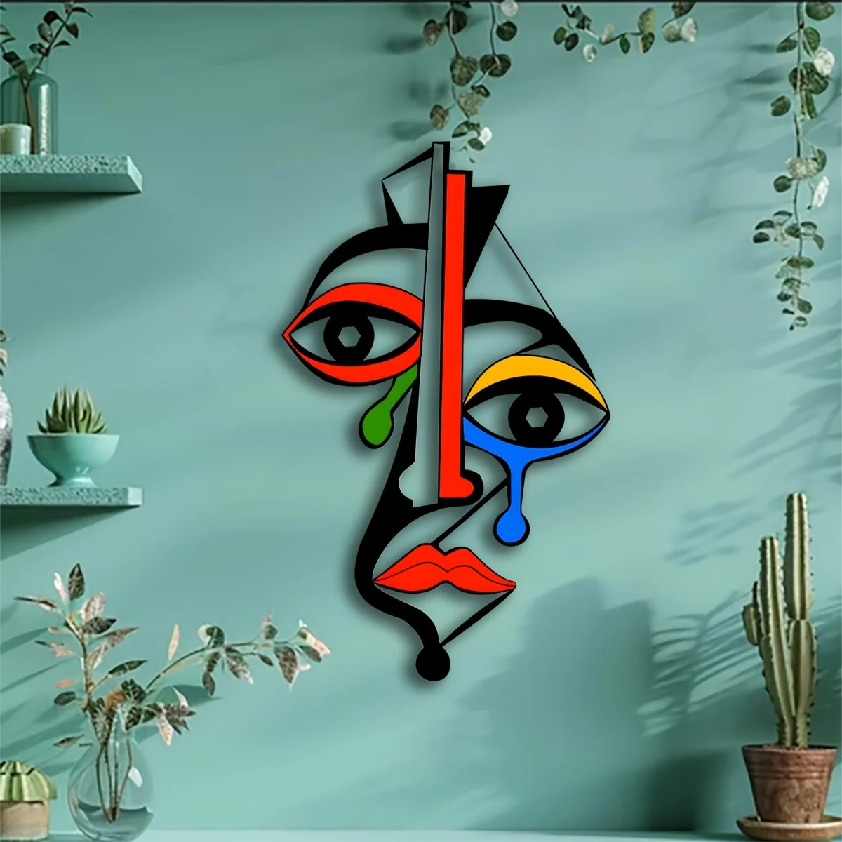 Picasso-inspirierte Metall-Wandkunst, farbenfrohe kubistische Gesichtsskulptur mit kräftigem geometrischem Design, abstrakte moderne Dekoration für das Wohnzimmer – Detail 8