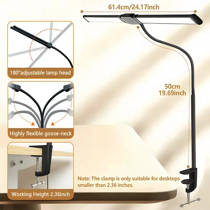 Dual‑Head Gooseneck LED Clip Desk Lamp, USB Powered 3‑Color 10‑Level Dimmable Eye‑Care Light for Office Bedside Piano Work