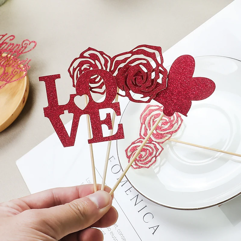 12pcs/set Valentine's Day Cake Inserts Fruit Cakes Cupcake Decor Toppers Red Love Heart Shape Cupcake Picks Wedding Party Decor