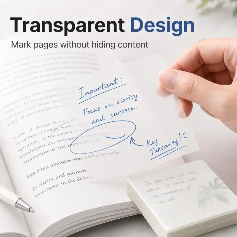 150 Sheets Transparent Sticky Notes, Clear Memo Pads for Books, Planners, Study, Sketching and Office