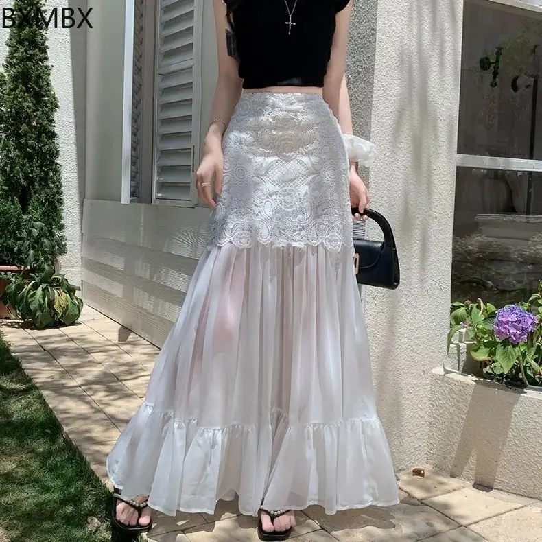 

High-end mesh stitching lace women's summer 2025 high waist and thin buttocks fishtail skirt a-word long skirt