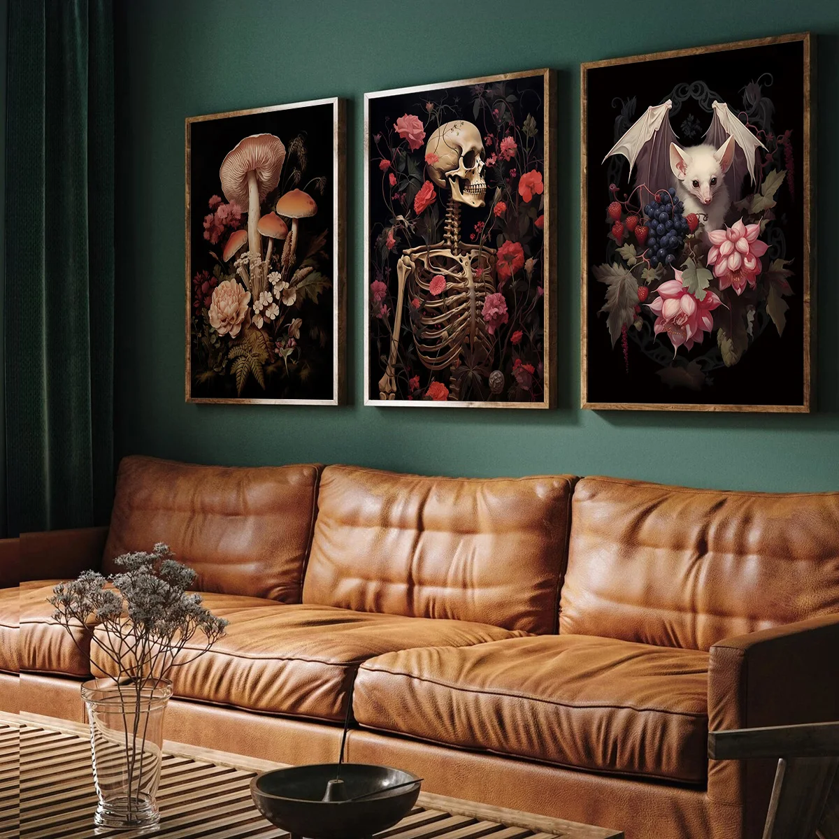 

3pcs/Set Retro Bedroom Plant and Flower Canvas Posters, Gothic Mural Art, Mushrooms, Skulls, Bats, Halloween Home Decorations