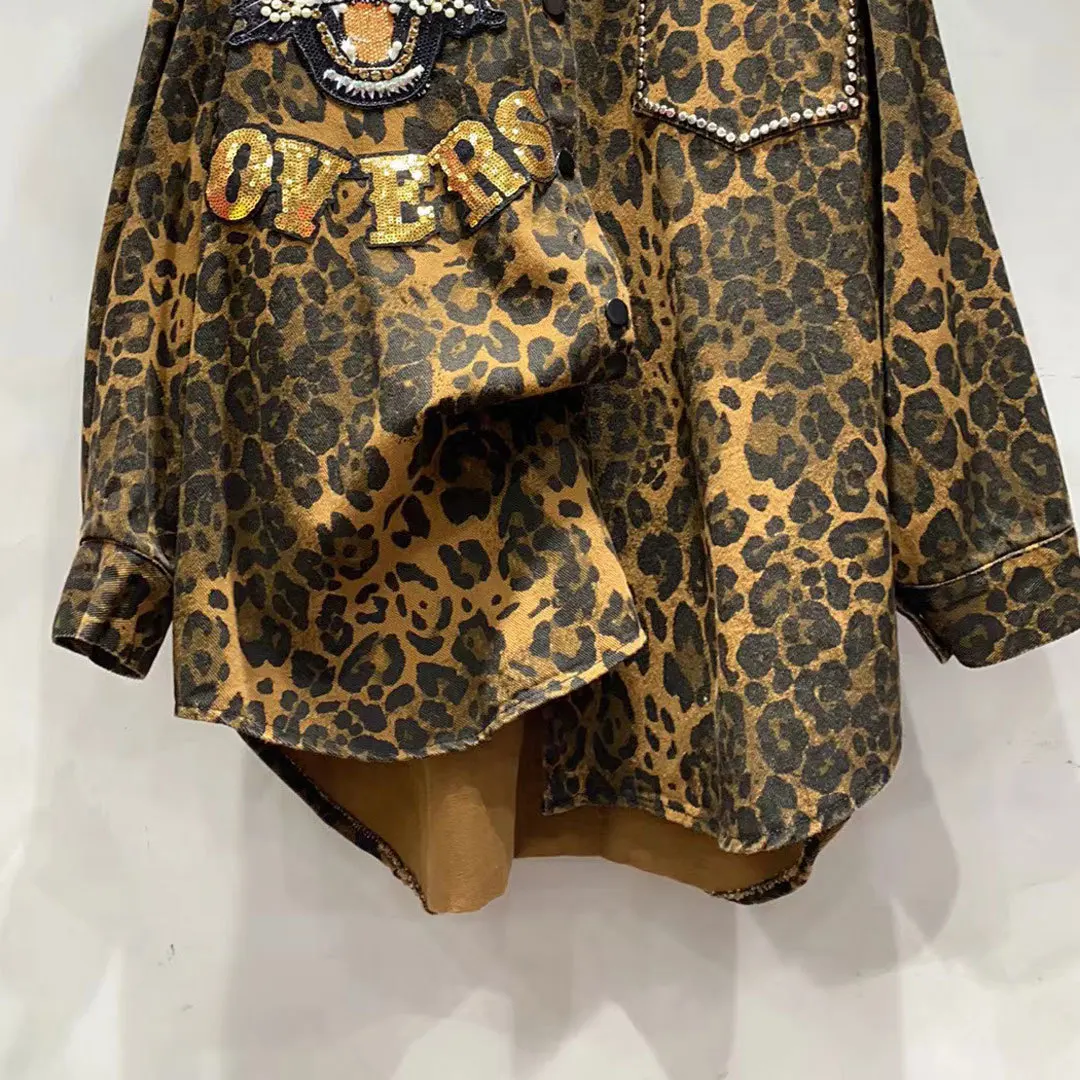 European Beaded Leopard Print Shirt Women 2024 Autumn New Trendy Brand Beaded Sequins Design Sense Loose Tiger Head Jacket