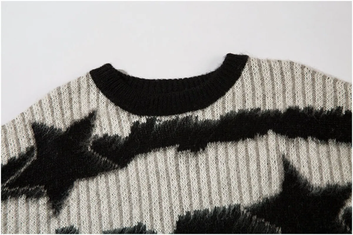 2024 Vintage Star Striped Sweater Women Oversized Winter O Neck Korean Fashion Knitted Jumper Streetwear Gothic Pullover