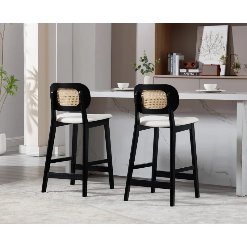 Rattan Counter Height Bar Stools Set of 4 with Cane Back Upholstered Farmhouse Barstools Boho Wood Kitchen Island Chairs