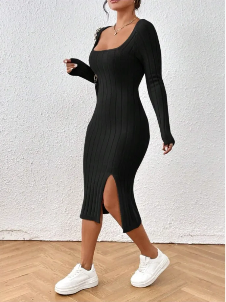 

Sweater Dress Sexy Hot Girl Square Collar Long Sleeve Knitted Dress For Women Simple Style Solid Color Commuting Vestidos Cross