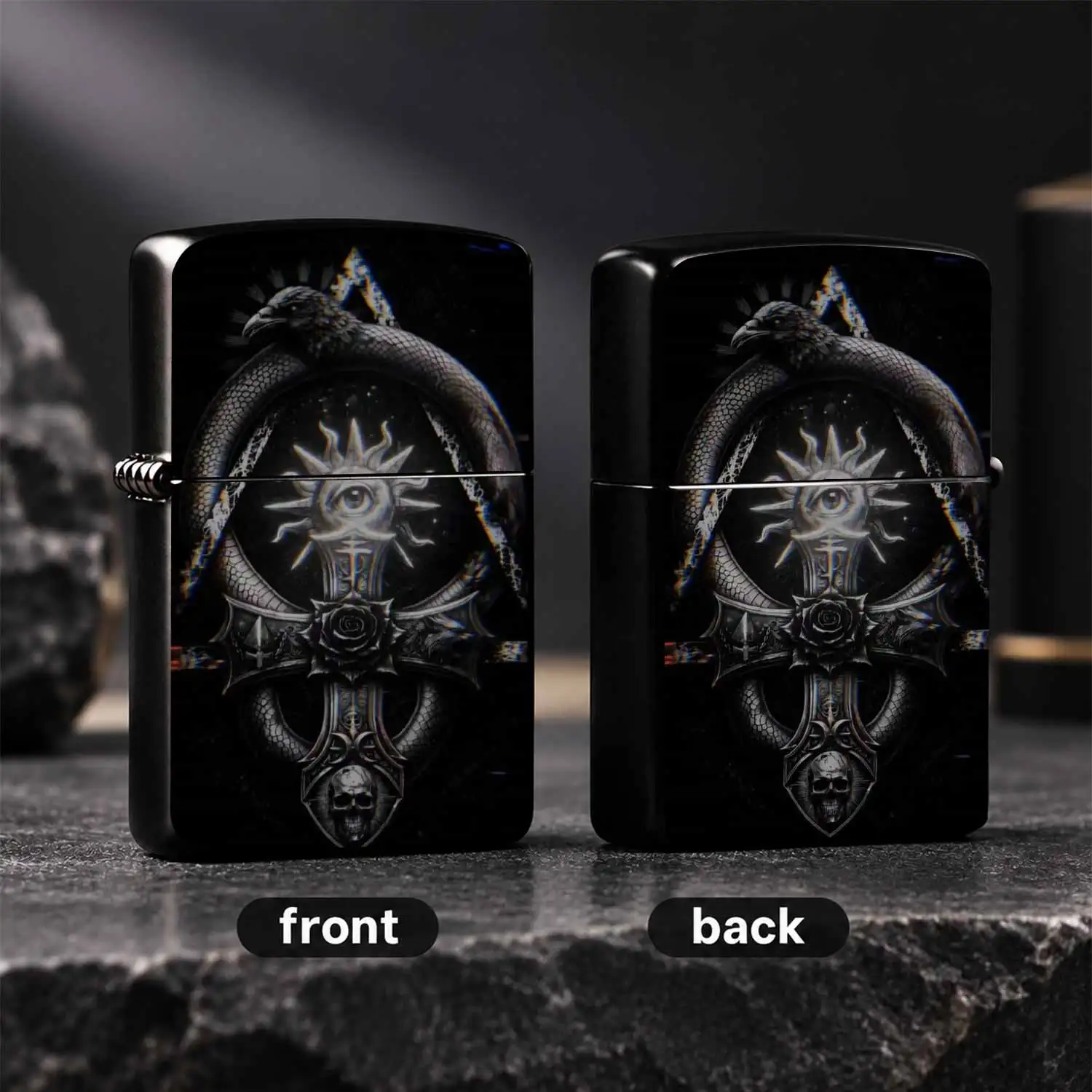 Dark Aesthetic All-Seeing Eye Pattern Lighter Creative Ouroboros Crow Wrapping Design Exquisite Black Rose Skull Details Decorative Personalized Portable Item Suitable For Daily Travel Gathering And All Scenes Unique Mysterious Style Ideal