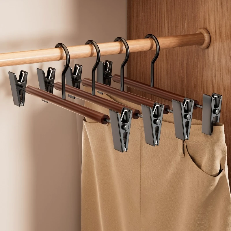 

5PCS Organizer Recommended Beech Wood Pants Rack Non-slip Clips Hanger for Trousers Skirt Household Closet Storage