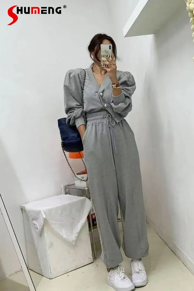 

Korean Fashion Casual Suit Women's Autumn 2023 New Puff Sleeve V-neck Short Sweatshirt High Waist Wide Leg Pants Two-Piece Set