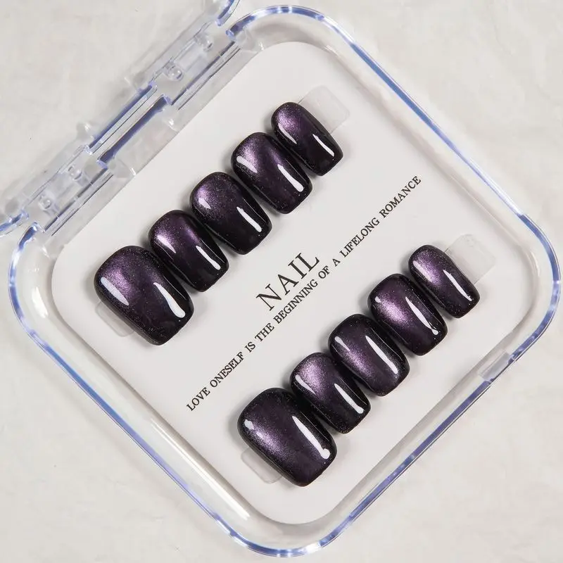 Black Purple Starry Cat Eye Press On Nails,Cool Vibe Short Round Square False Nails,Trendy Removable Reusable Popular Manicure N