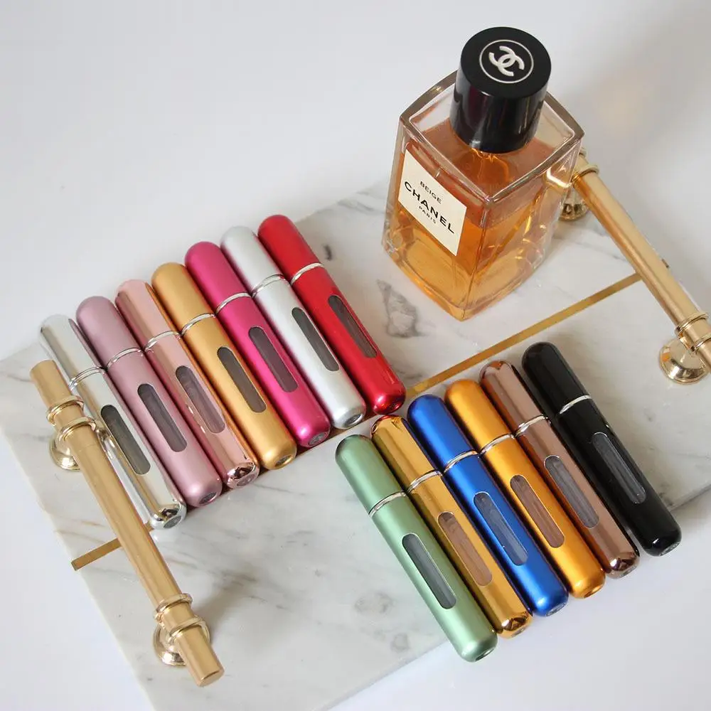 Mini botella de Perfume recargable portátil de 5ml y 8ml con bomba de aroma en aerosol, envases cosméticos vacíos, botella atomizadora para herramienta de viaje