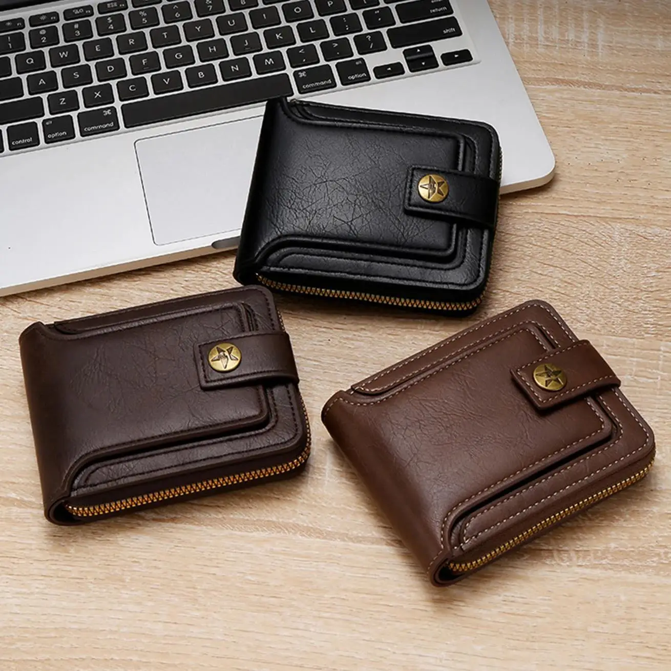 Short Horizontal Zipper Coin Pocket Tri-fold Card Case Purse Billetera Hombre Vintage Men High Quality PU Leather Small Wallet