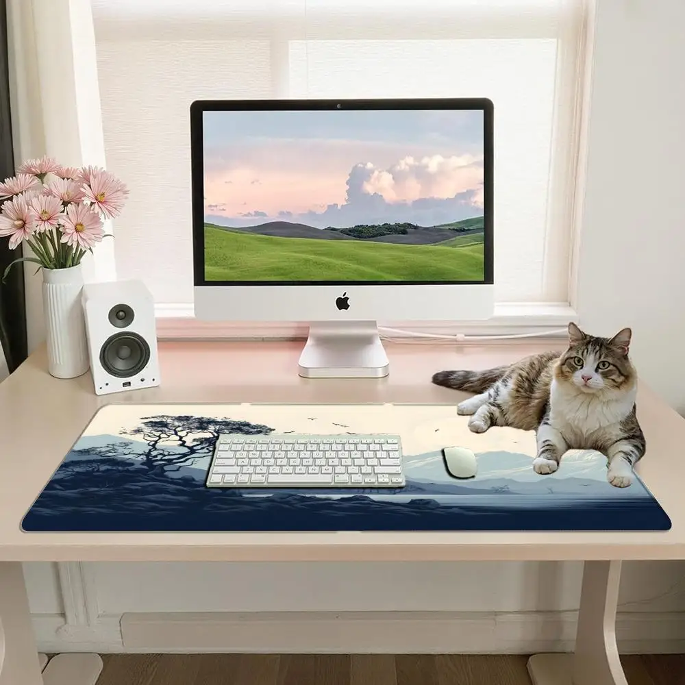 Moonlit Mountain Lake Landscape TCG Playmat Old Lone Tree Flying Birds Calm Retro Blue Tone Art Non‑Slip Desk Mat for Card Game