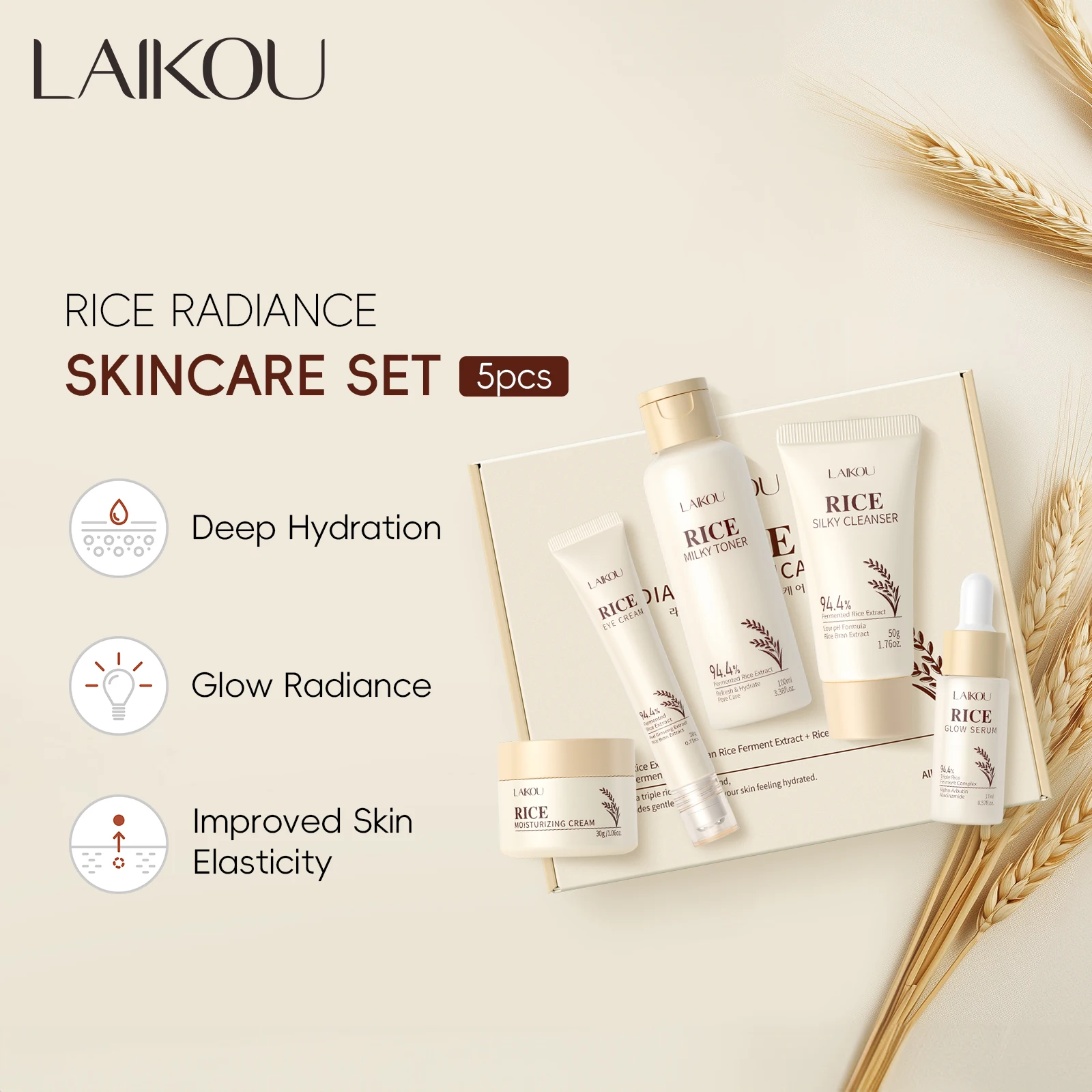 ¡Húmido y antioxidante! LAIKOU Rice Juego de cuidado de la piel de 5 piezas (limpiador 50 g + tóner de 100 ml + suero de 17 ml + crema de ojos de 20 g + crema de 30 g)