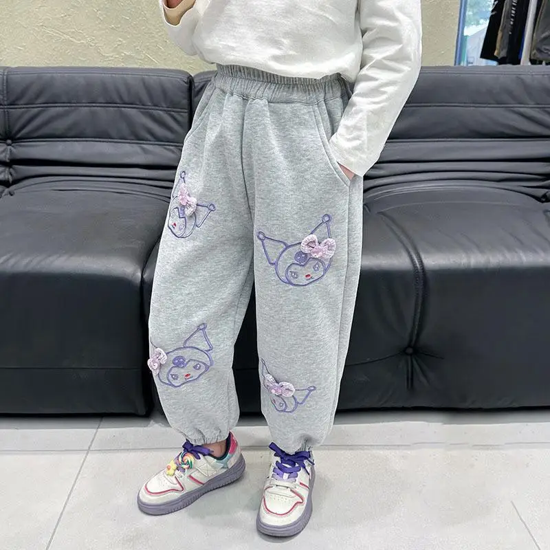 카와이 산리오 쿠로미 두꺼운 바지, 만화 귀여운 자수 소녀 가을 겨울 야외 따뜻한 캐주얼 바지, 어린이 의류, 신제품