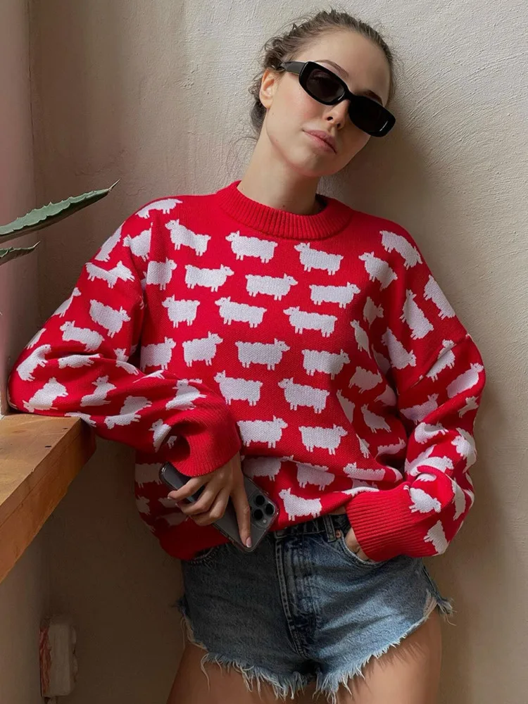 DEAT Fashion Women\'s Sweater Round Neck Loose Fit Cartoon Multiple Colors Long Sleeve Knit Pullovers Autumn 2024 New 7AB4776