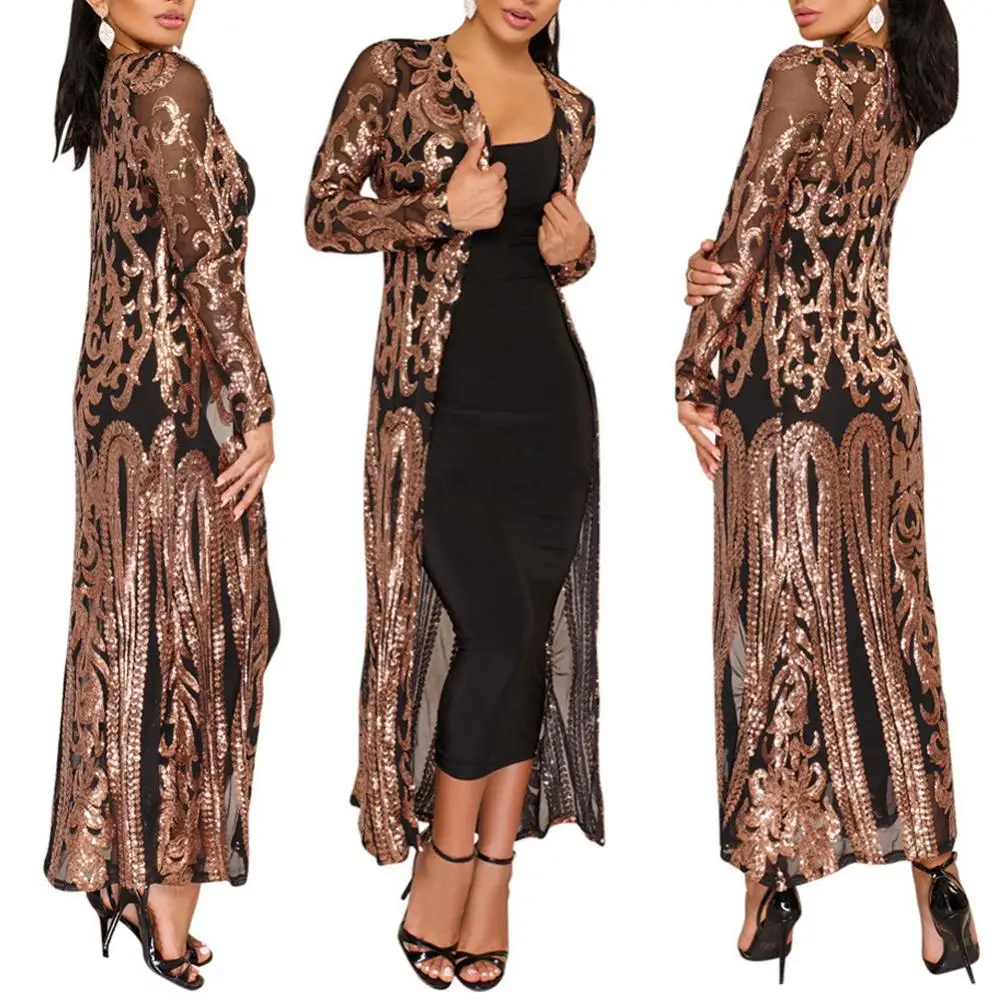 Sexy Women Long Sleeve Women's Long Coat Sequin Perspective Maxi Coat Gown Cardigan Vintage Evening Party Open Blouse кардиган ж