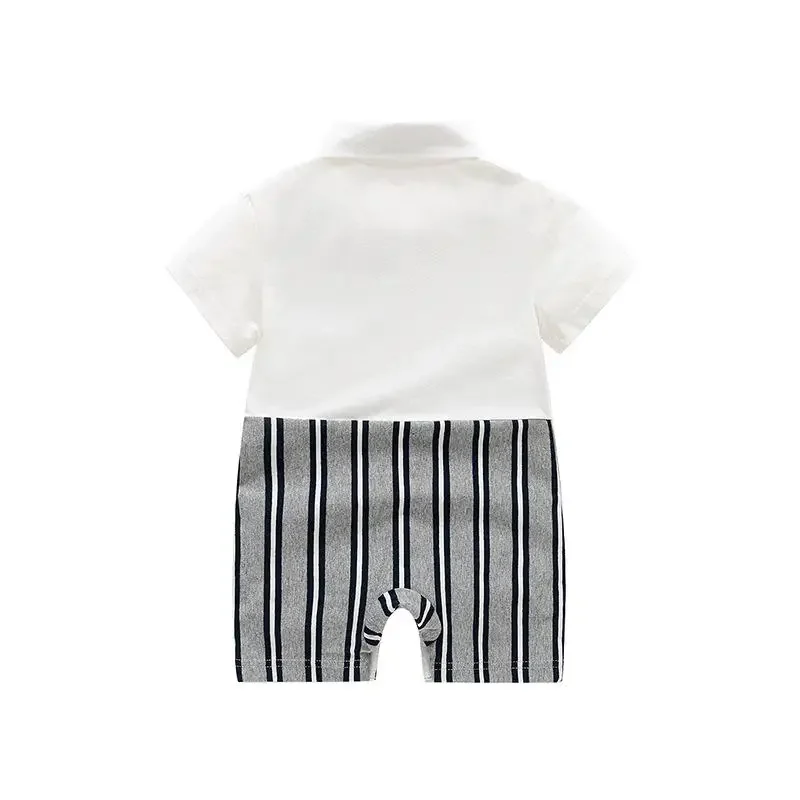 2024 Newborn Kids Bodysuit Thin Polo Summer Baby Boys Rompers Cotton Short Sleeve Striped Tie Strappy Infant Children\'s Outfit