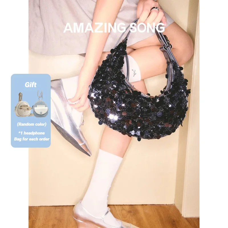 

Удивительная песня 2024 Новая коллекция блесток половина Луны сумка черная вечерняя сумка с блестками