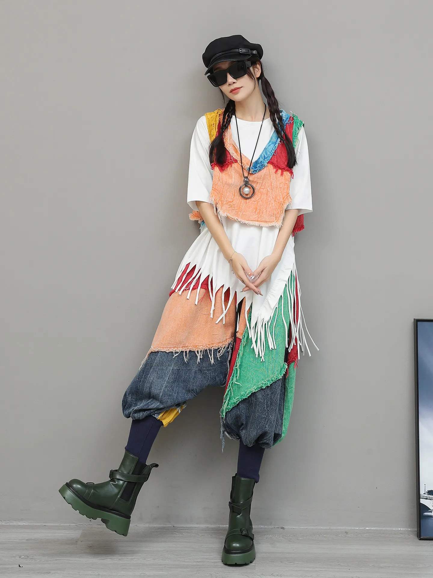 Personalized Trendy Contrasting Colors Denim Shorts Irregular Vest Cross-pants Two-piece Set 2026 Women's Spring Fashion Suit