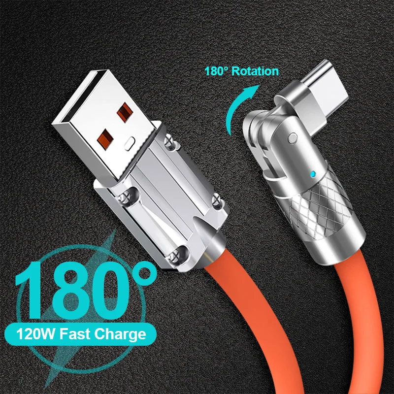 Rotatable 120W 6A Super Fast Charge Cable Game Fast Charging Cable For Xiaomi Huawei Samsung USB Liquid Silicone Bold Data Line