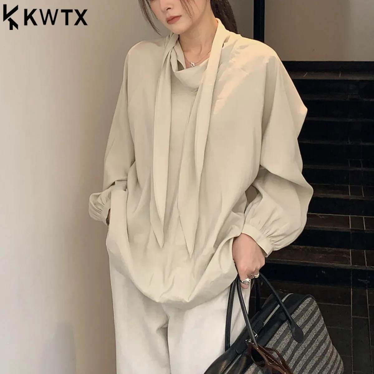 

KWTX Women’s Elegant Long Sleeve Blouse With Bow Tie Round Neck, Casual Chic Minimalist Shirt, Versatile Trendy Top