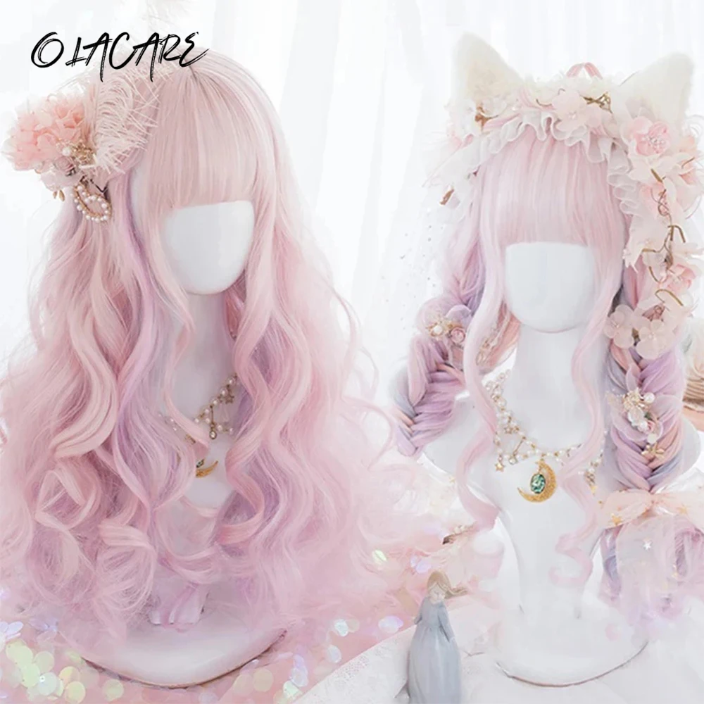 OLACARE Peach Pink Color Synthetic Wigs With Bang Long Natural Wavy Hair Wig for Women Daily Use Cosplay Heat Resistant
