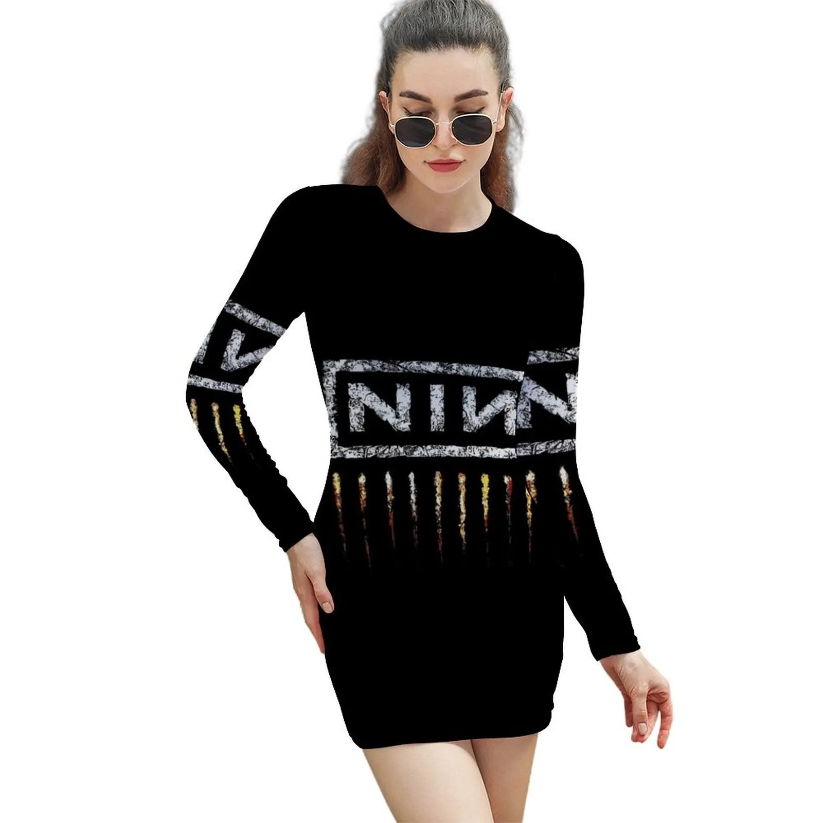 

nature with lake painting <<nine inch nails,nine inch nails>> Long-Sleeved Sheath Dress