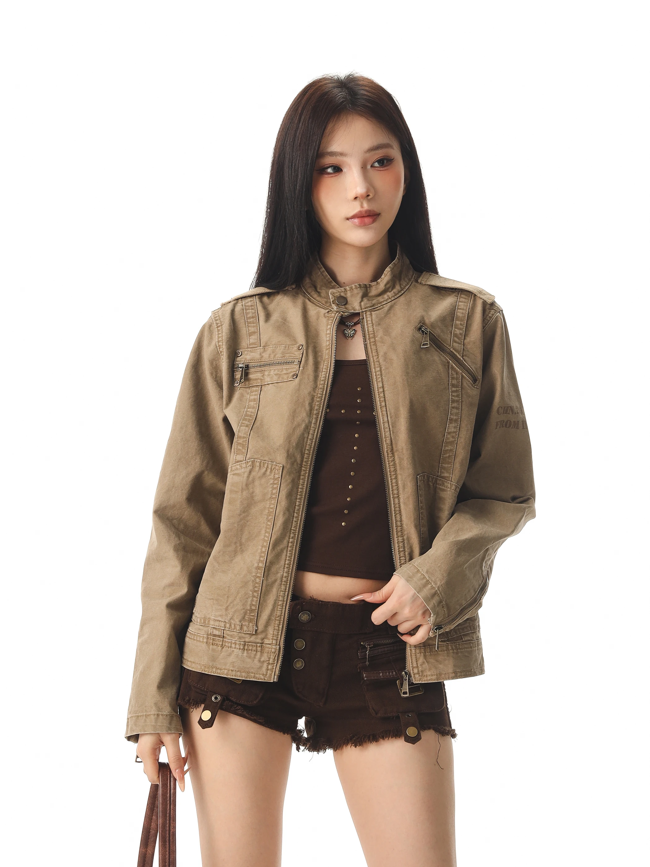 

Американская рабочая куртка-бомбер в стиле пэчворк с воротником-стойкой, мотоциклетная верхняя одежда для женщин, модная