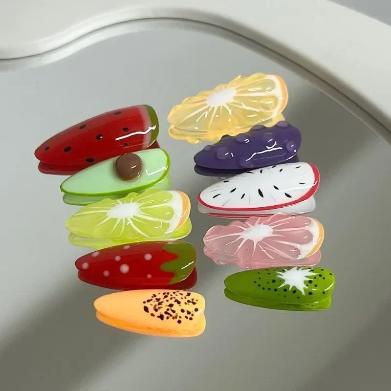 10pcs Handmade Summer Fruit False Nails with Tools 3d Lemon Cartoon Strawberry Realistic Fake Nails High Quality Press on Nails