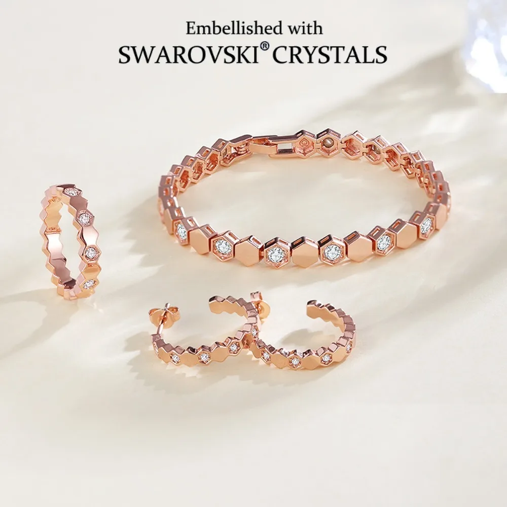 

Комплект ювелирных изделий с шестигранными кристаллами, украшенный кристаллами Сваровски, медь, розовое золото, модные ювелирные изделия, браслет, кольцо, серьги, комплект