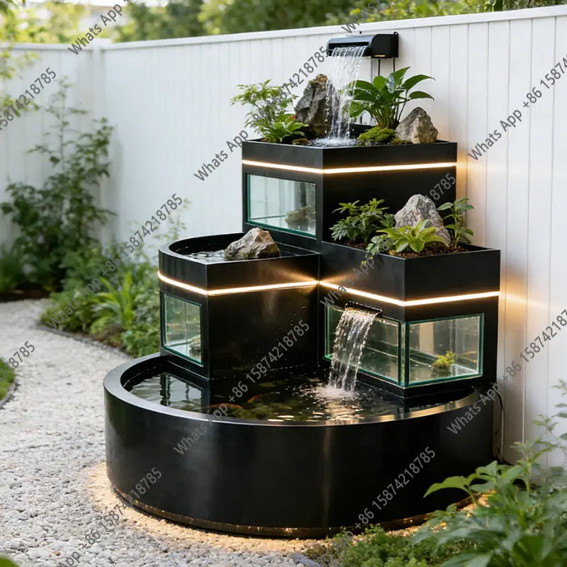 Balcony stainless steel fish pond flower box metal flowing water ornament outdoor terrace courtyard water feature