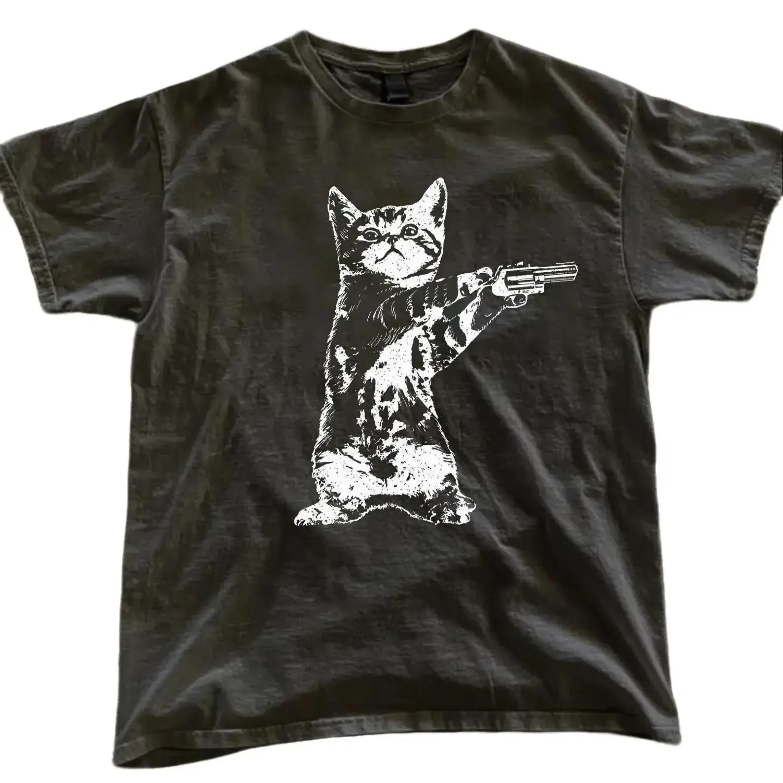 Gun Kitty Funny Cat T-Shirt, Y2k Cat Shirt, Unisex Vintage Graphic Tees Gothic Grunge Y2k Emo Scene Amity Affliction Style Clothes Menswear Womenswear Streetwear, Tops, Garment