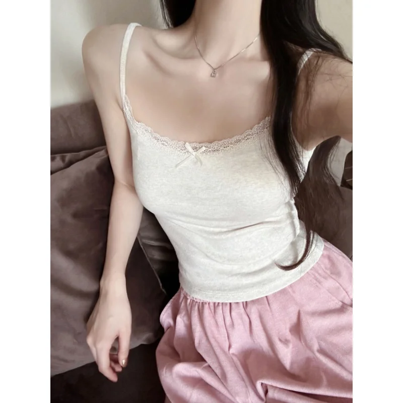 It's So Comfortable to Wear! Pure Desire Style Pink Camisole Spring and Summer New Lace Bow Beautiful Back Tank-Top Women