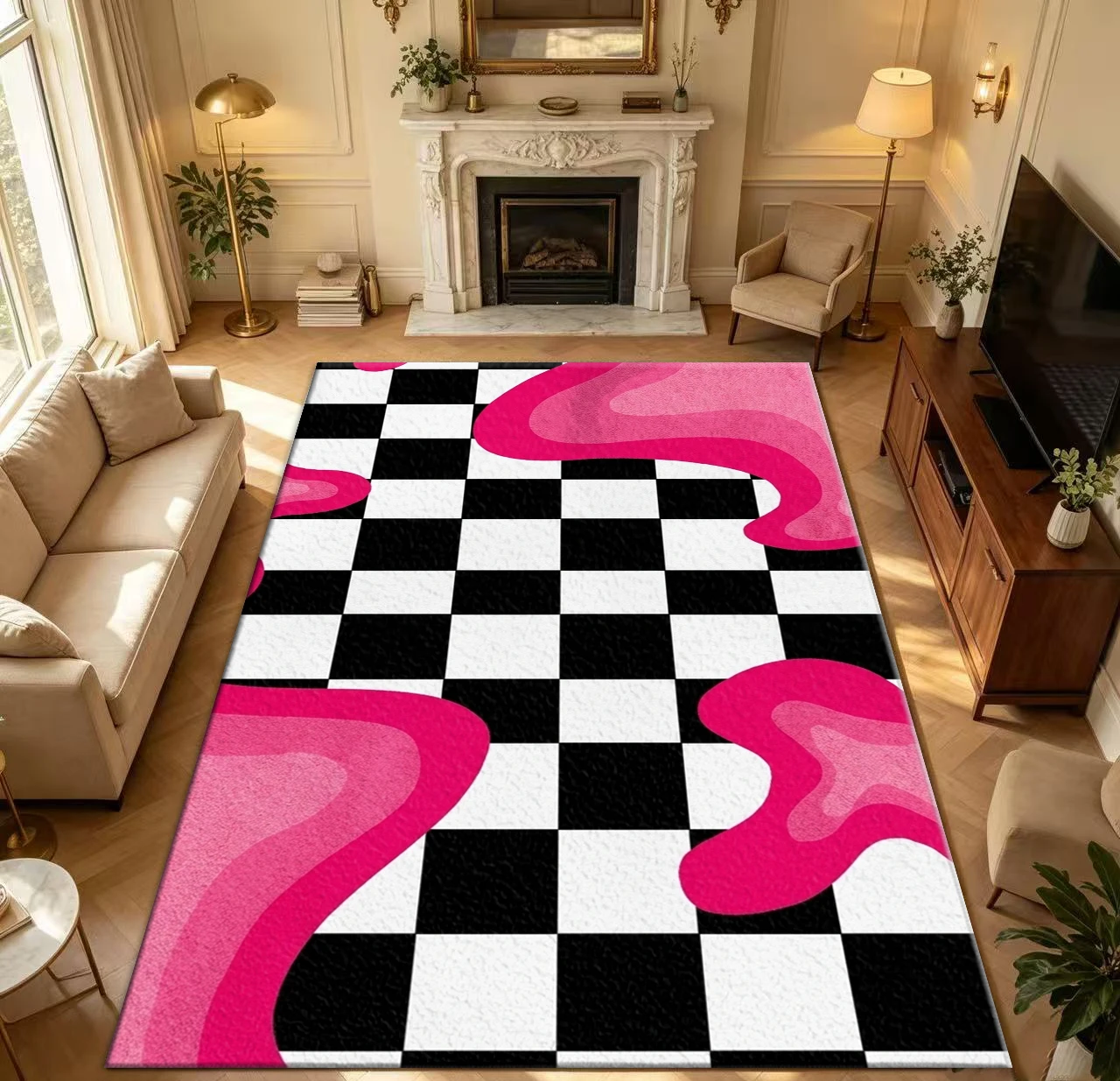 Pink Abstract Blob Black White Checkerboard Area Rug Y2K Aesthetic Non Slip Washable Floor Carpet Bedroom Home Decor