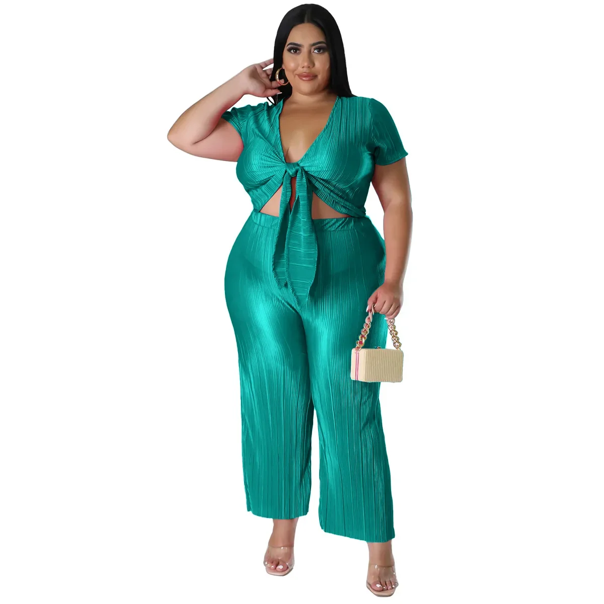 L-4XL 2024 Summer African Fashion Pleated Bandage Short Sleeve Top and Pant Suits Sexy Plus Size Two Piece Sets Women Clothing