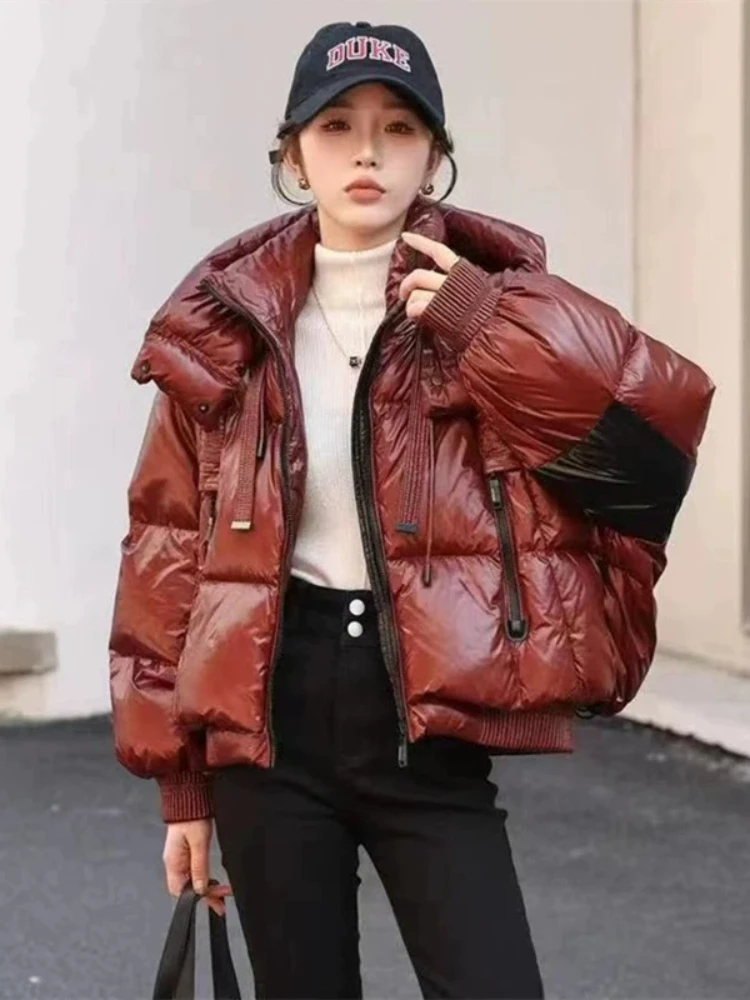 

Women's Thick Warm Puffer Jacket, Hooded Loose Coat, Glossy, Washing-Free, Short Overcoat, 90% White Duck Down, Winter, New