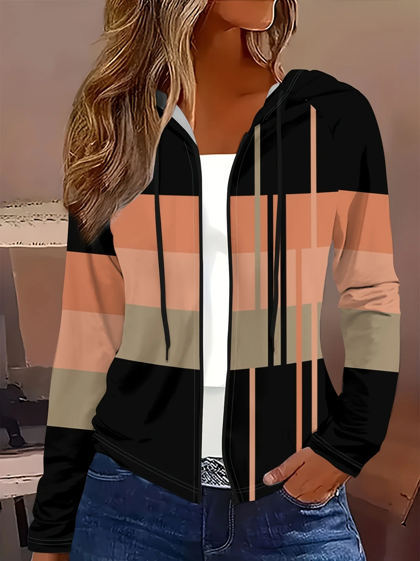 Printed Design Casual Style Geometric Stripe Color Block Print Women's Zip-Up Hooded Jacket