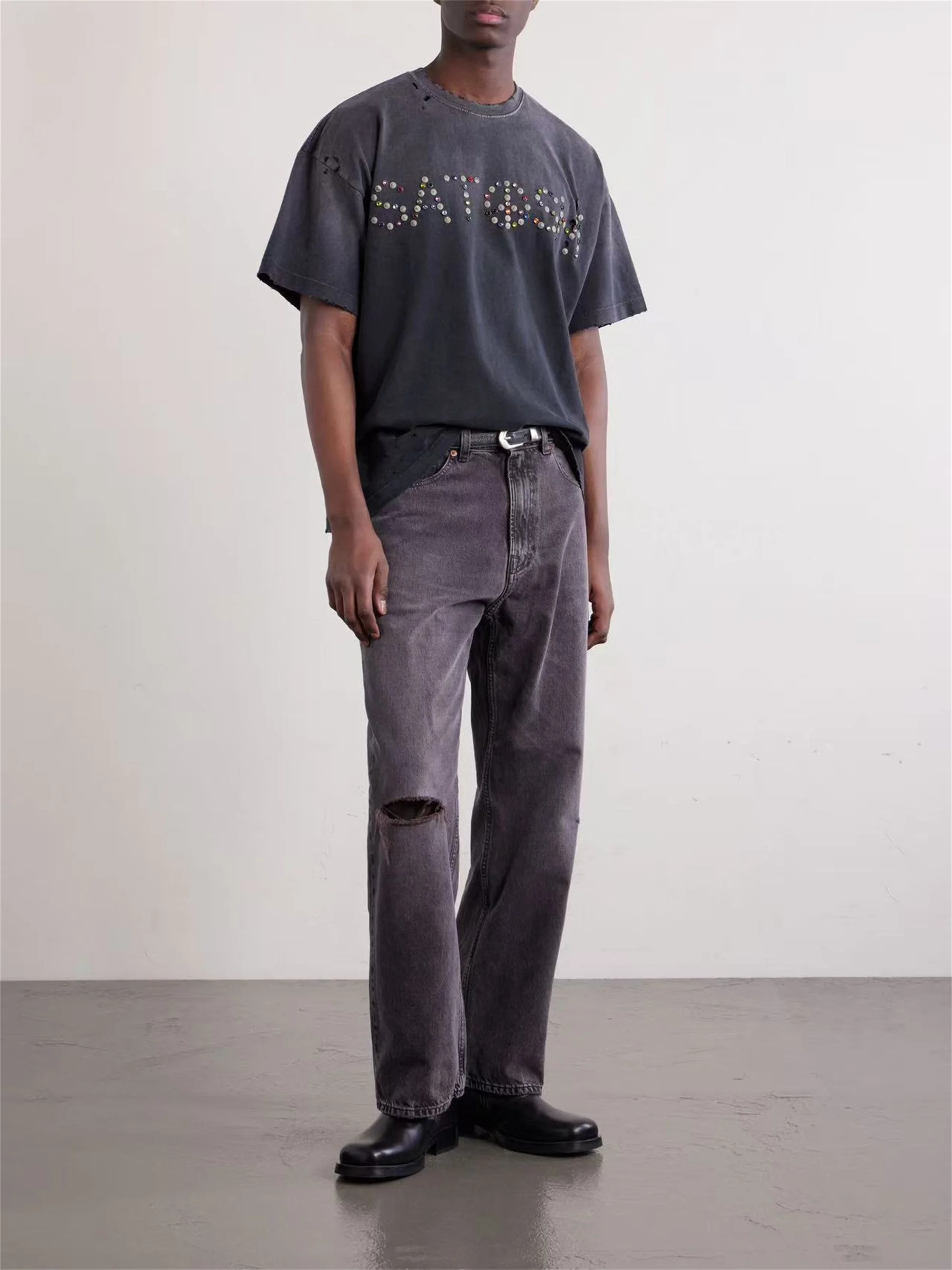 VINTAGE RETRO 26SS Satoshi 26SS Whatever It Takes Logo Embellished Distressed Washed Vintage Rivet Short Sleeve T-Shirt For Men