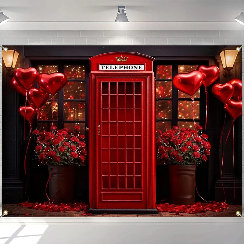 

Photography Background Valentine's Day Phone Booth Balloon Rose Decor Romantic Confession Adult Portrait Photo Backdrop Studio