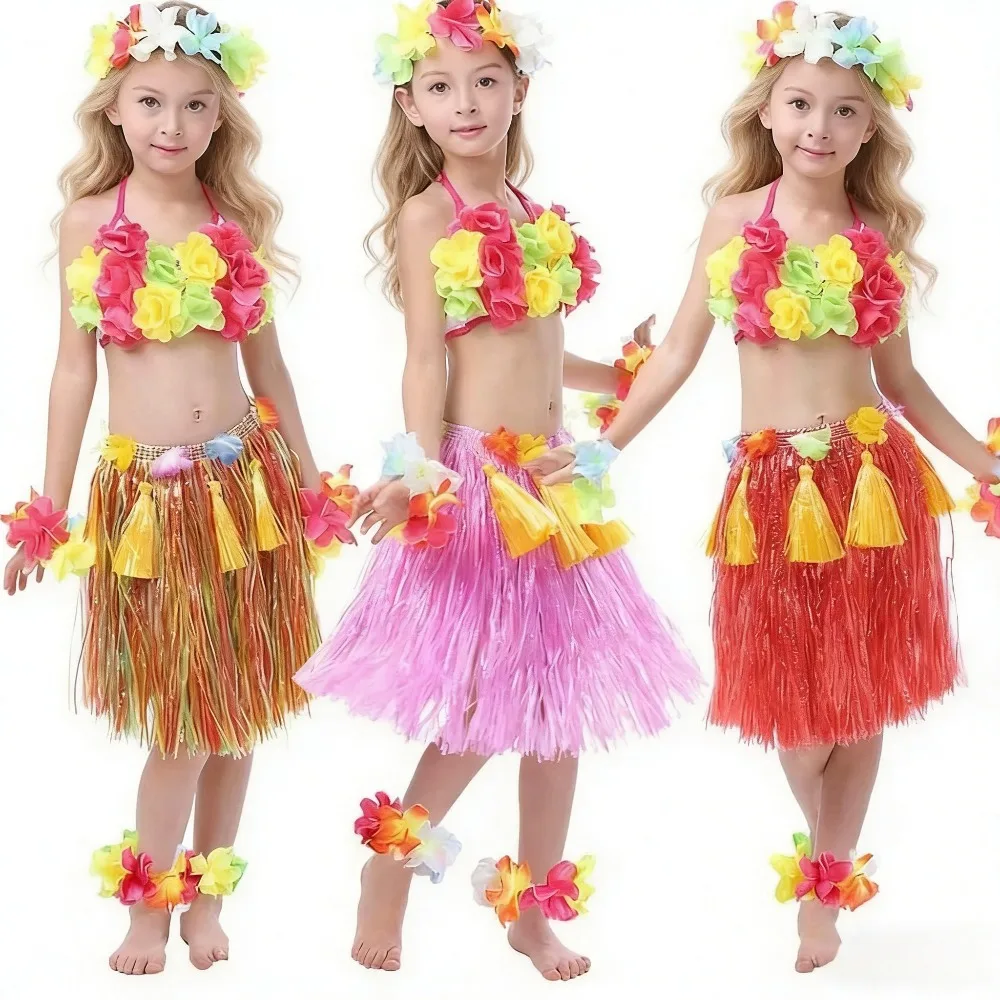 Jupe hawaïenne élastique en herbe pour garçon et fille, avec bracelet à fleurs, collier, soutien-gorge, Costume, cadeaux de fête, Halloween, noël