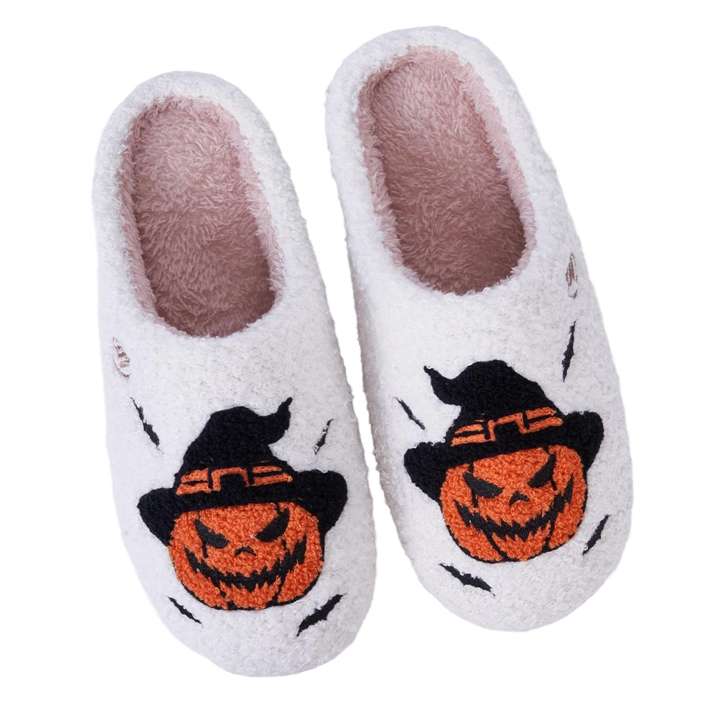 Halloween Pumpkin Slippers Plush Closed Toe Slippers Comfortable Flat Thermal Slippers Furry Pumpkin Bat Slippers for Men Women