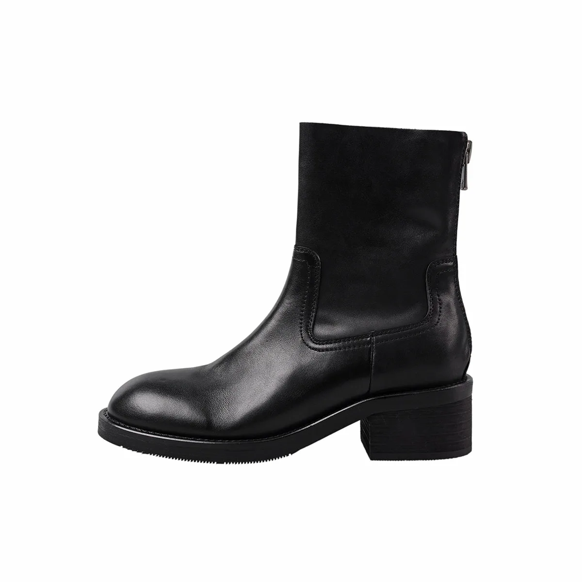 

Arden Furtado 2025 Autumn Cowhide Riding Boots Round Toe Back zipper Middle heel short boots Large size Commuter boots