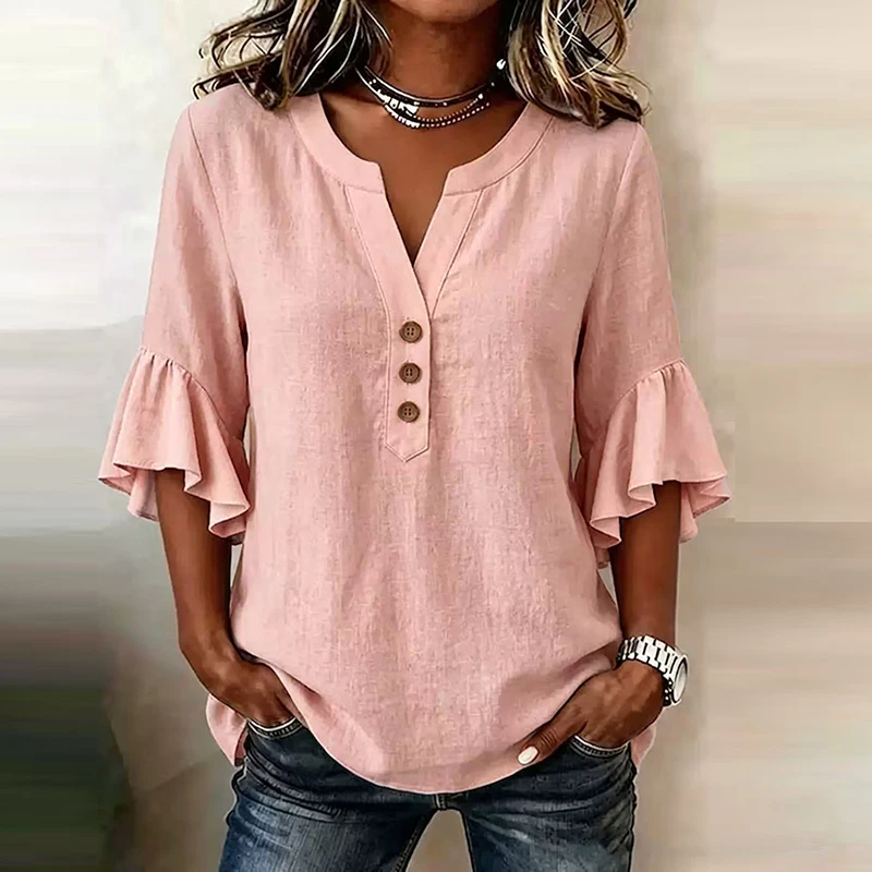 Neue Sommer V-Ausschnitt Damen T-Shirts 3/4 Ärmel Knopfhemd Bluse Damen Lässige Einfarbige Lockere Oberteile Übergroße Damenhemden
