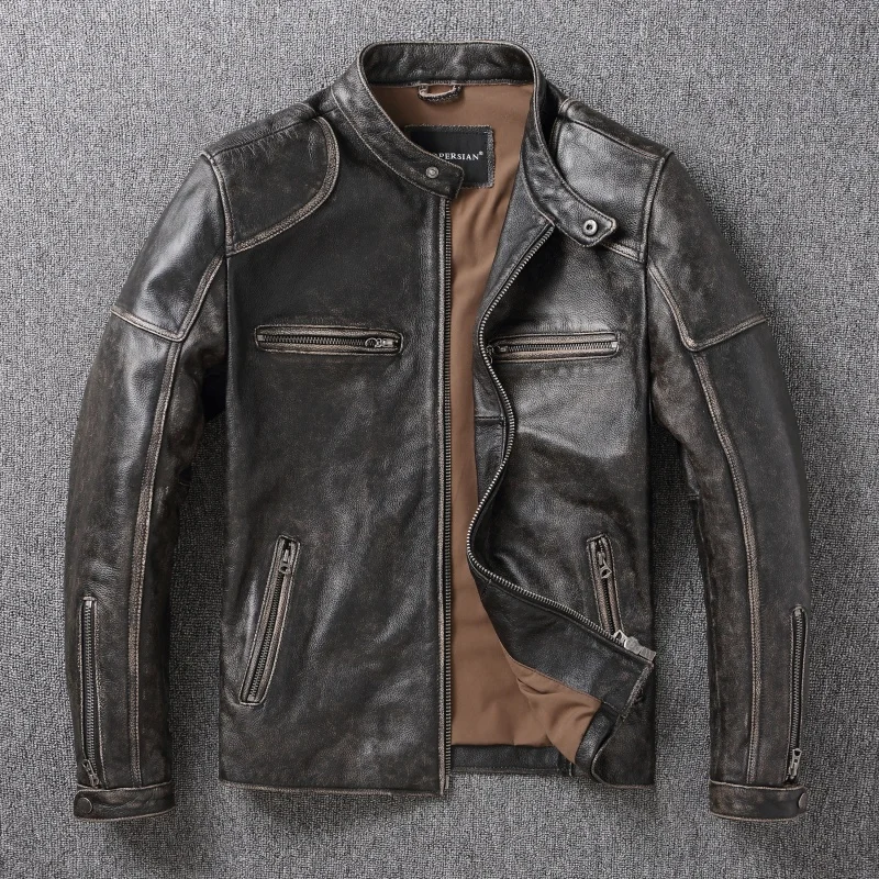 

J00 Genuine Leather Biker Jaet Men's ort Sli Cowhide Motorcycle Riding Stand Collar Jaet Men's Outerwear